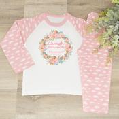 Personalised Kids Christening Pyjamas-Flower Wreath (Pink) image