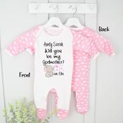 Personalised Godparent Baby Grow-Will You Be My Godparent Elephant (Blue Or Pink Cloud) image