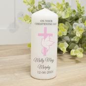 Personalised Christening Candle - Cross With Dove Through (Pink)