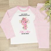 Personalised Kids Christening Pyjamas-Flower Cross (Pink) image