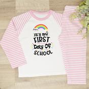 Personalised First Day Of School Kids Pyjamas-Rainbow Pencil (Pink or Blue) image