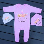 Personalised 3 Piece Set Baby Grow, Bib &amp;amp; Hat-Unicorn (Pink Set) image