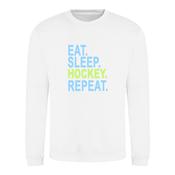 Eat Sleep Hockey Repeat White Sweater with blue and green