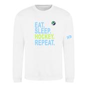 Eat Sleep Hockey Repeat White Sweater with blue and green