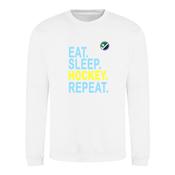 Eat Sleep Hockey Repeat White Sweater with blue and Yellow