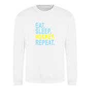 Eat Sleep Hockey Repeat White Sweater with blue and Yellow