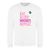 Eat Sleep Hockey Repeat White Sweater with pink writing
