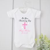 Personalised Christening Vest-Cross &amp;amp; Birds (Blue Or Pink) image