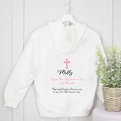 Personalised Communion Zip Up Hoodie Front &amp;amp; Back-Pink Cross May Angels