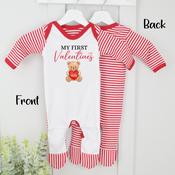 Personalised Valentines Red Stripe Baby Grow-Teddy 1st Valentines image