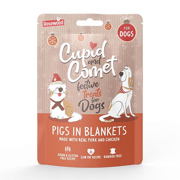 Rosewood Cupid & Comet Pigs in Blankets Dog Treats 100g - Made with Real Pork & Chicken, Low Fat, No Rawhide, Festive