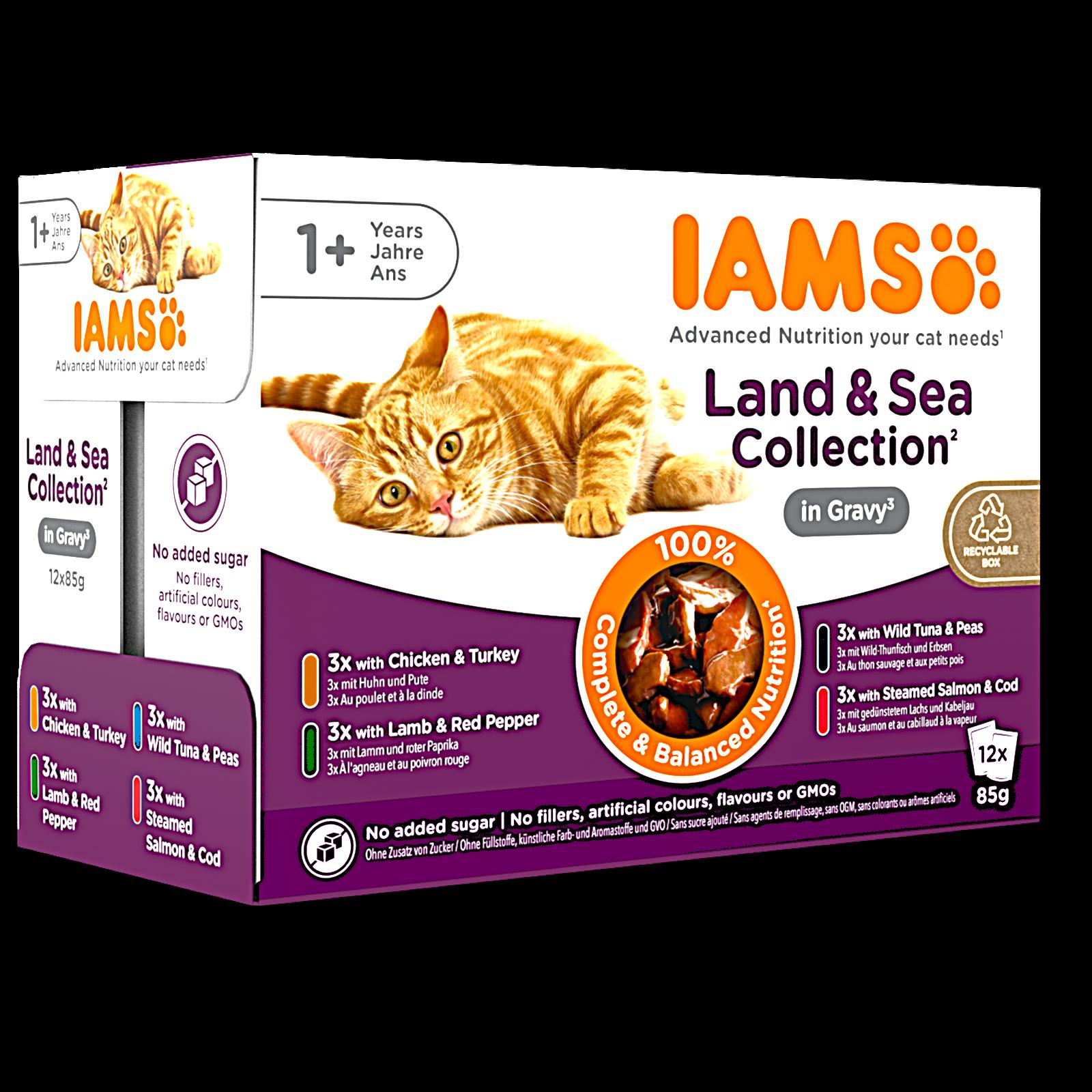 IAMS Delights Land & Sea Collection Cat Food Pouches In Gravy 12 x 85g with Chicken Turkey Lamb Red Pepper Tuna Peas Salmon Cod