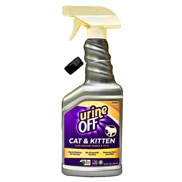 Urine Off Cat & Kitten Stain & Odour Remover Spray 500ml - Bio-Enzymatic Formula, Pheromone Blockers, USDA Certified Biobased, Carpet & Rug Institute Seal of Approval, Spray Bottle, Bonus Carpet Cap