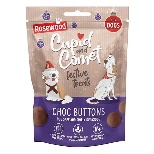 Rosewood Cupid & Comet Festive Choc Buttons Dog Treats 150g - Dog Safe, Gluten Free, No Artificial Colours, With Vitamins & Minerals