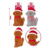 Smart Choice Christmas Embroidered Doodle Doggy Squeak/Crinkle Plush Flat 23cm Dog Toy (Brown/Grey)