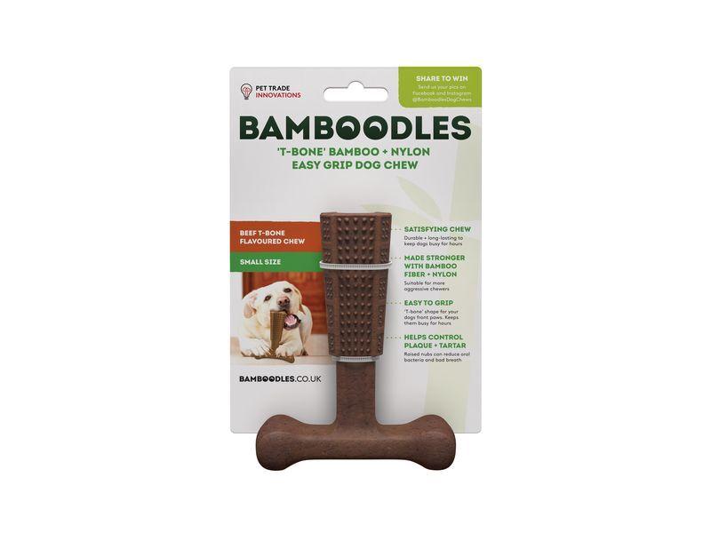 Bamboodles T-Bone Chew Toy Beef Flavor Small Size Durable Long-lasting Easy Grip Dog Chew Toy with Raised Nubs for Plaque Control