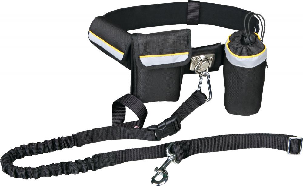 TRIXIE Waist Belt with Dog Leash, Nylon, Pockets, Reflective Stripes, Buckle, Leash, Swivel Joint, Elastic Waist Band, Bottle Holder