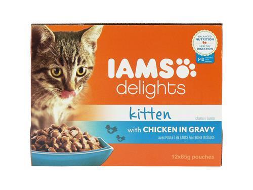 IAMS Delights Kitten Food Chicken In Gravy 12x85g Pouches Balanced Nutrition Healthy Digestion