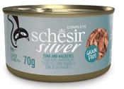 SCHESIR Tuna And Mackerel in broth 70g in can Complete and balanced wet food for senior cats image