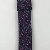 Mens Microfibre Tie - Neat Floral Pattern Navy Red - Tie, pocket square and mask