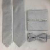 Mens Polyester Tie - Paisley Pattern Silver - Bow, pocket square and mask image