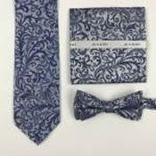 Mens Polyester Tie - Floral Pattern Dark Blue Silver - Mask Only image
