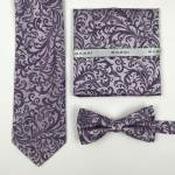 Mens Polyester Tie - Floral Pattern Plum silver - Pocket Square Only image