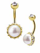 Bezel Set Pearl Belly Bar, 18k Yellow Gold image