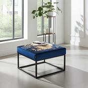 Navy Blue Floral Square Ottoman 60x60cm – Black Metal Frame image