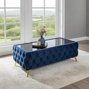 Chester Lux Coffee Table Velvet Dark Blue Rectangle 123x63x45cm with Glass image