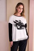 Placement Print Round Neck Top With Contrast Sleeve -   Black/Choko NAW26147 image