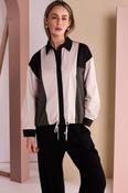 Button Through Drawstring Hem Top With Contrast Sections -  Black/Thyme NAW26325 image