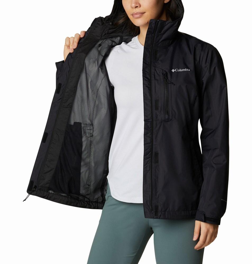 Columbia Women's Pouring Adventure III Waterproof Breathable Jacket Black Size L with Attached Adjustable Hood Zippered Pockets Packable for Hiking Walking