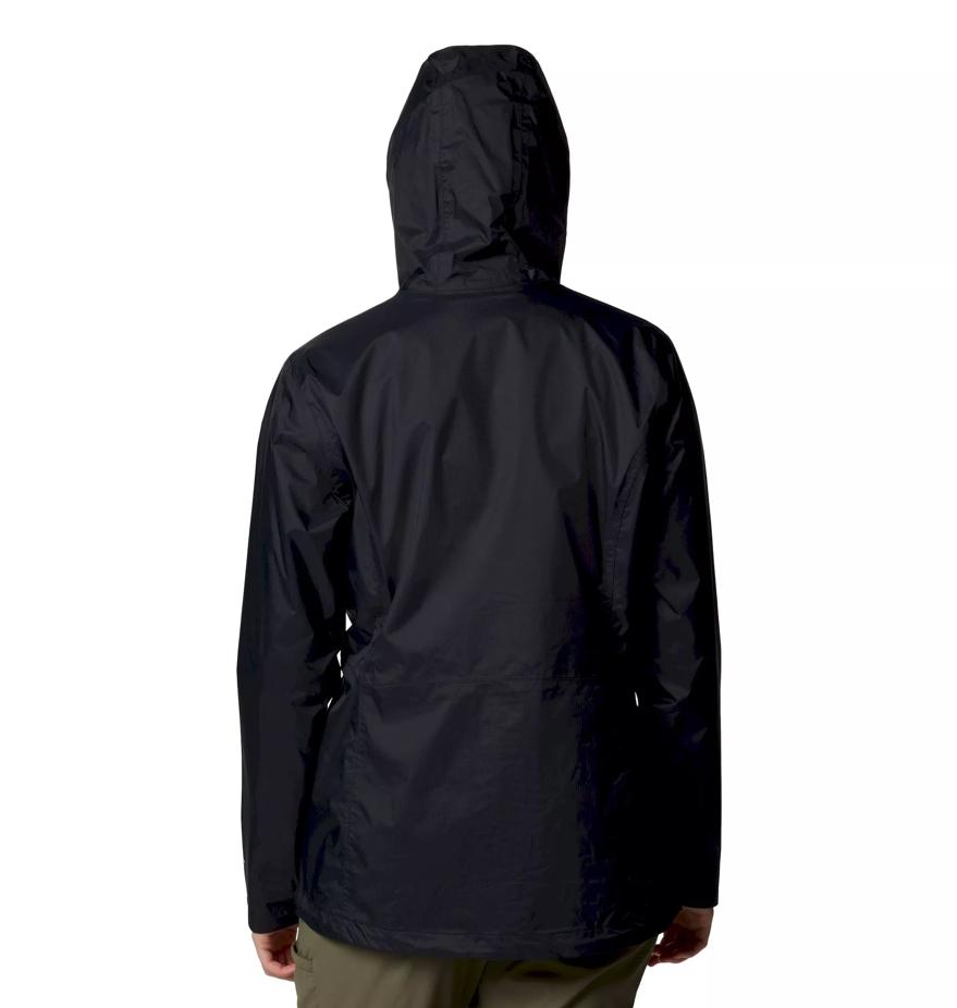 Columbia Women's Pouring Adventure III Waterproof Breathable Jacket Black Size L with Attached Adjustable Hood Zippered Pockets Packable for Hiking Walking