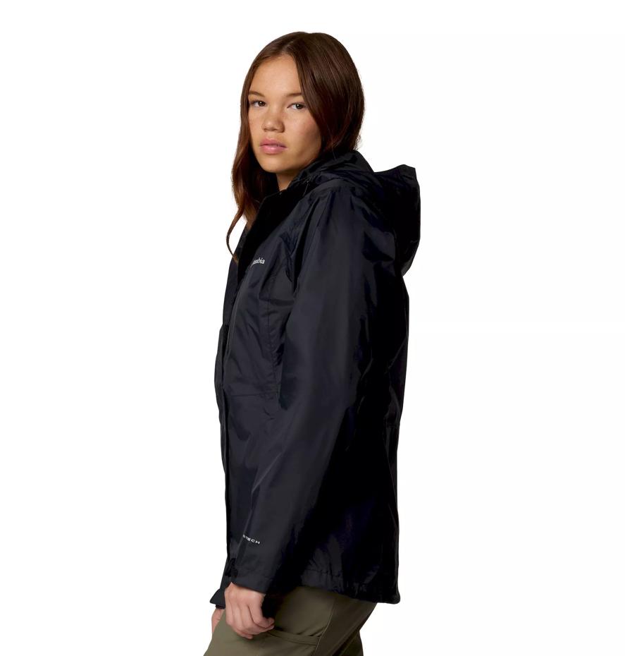 Columbia Women's Pouring Adventure III Waterproof Breathable Jacket Black Size L with Attached Adjustable Hood Zippered Pockets Packable for Hiking Walking
