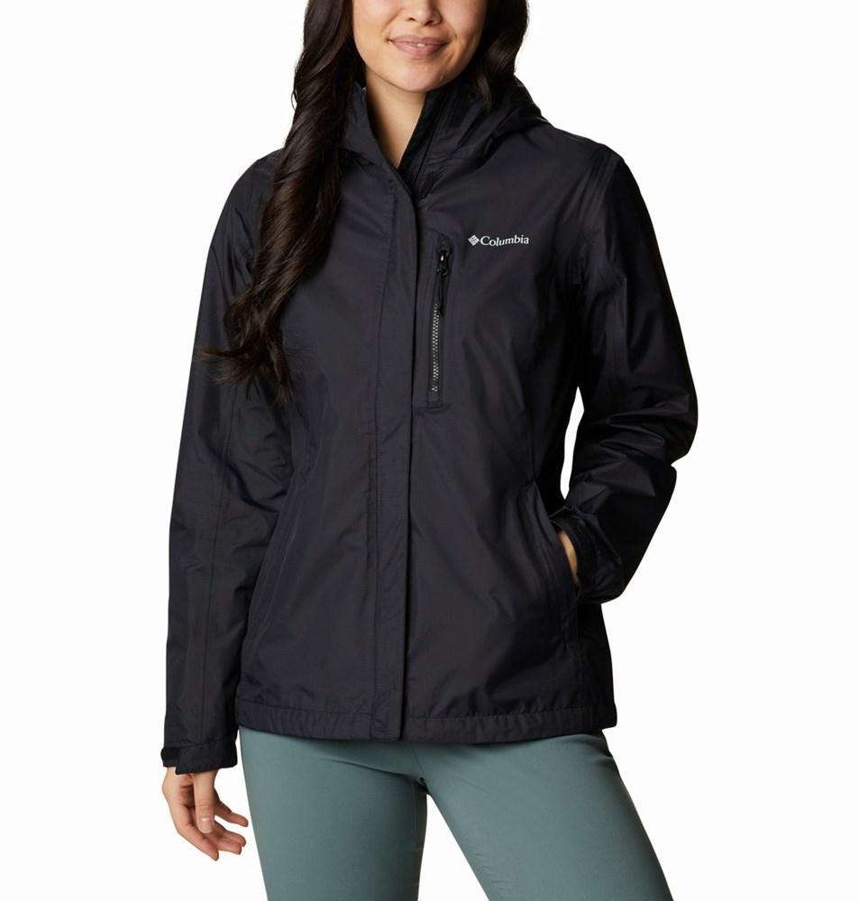 Columbia Women's Pouring Adventure III Waterproof Breathable Jacket Black Size L with Attached Adjustable Hood Zippered Pockets Packable for Hiking Walking