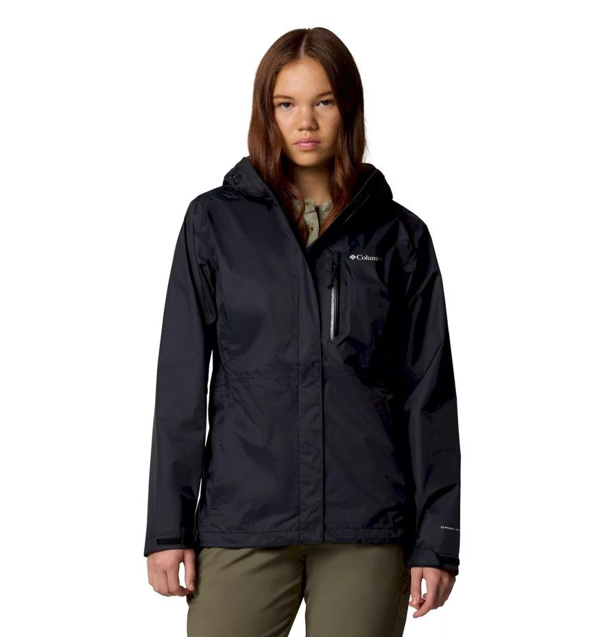 Columbia Women's Pouring Adventure III Waterproof Breathable Jacket Black Size L with Attached Adjustable Hood Zippered Pockets Packable for Hiking Walking