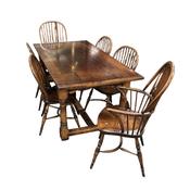 Antique Style Solid Oak Refrectory Table with 4 Windsor Wheelback Chairs and matching Carvers image