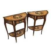 Antique Style Pair of Inlaid Demi Lune 1 Drawer Side Tables image
