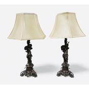 Pair of Solid Bronze Cherub Table Lamps &amp; Shades image