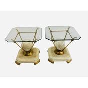 French Alabaster &amp; Gilt Metal Glass Top Pair of Tables image