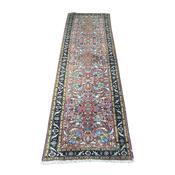 Very Attractive Persian Hand Made Wool Runner , Pink &amp; Navy Border, Multi-Coloured to Centre image