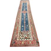 Extremely Attractiove Fine Woven All Wool Blue Ground Runner , Numerous Borders, Outer Red Guard Elongated Central Medallion. image