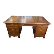 Antique Edwardian Inlaid Mahogany Leather Top 3 Sectional Desk With Brush Slide To Either Side image