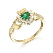 9ct Gold CZ Emerald Claddagh Ring with Claw Stone setting. image