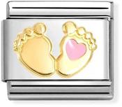 Nomination Yellow Gold and Enamel Baby Feet with Pink Heart Charm image