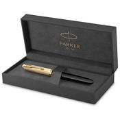 parker 51 fountain pen deluxe black barrel with gold trim medium 18k gold nib with black ink cartridge image