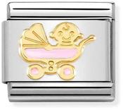 Nomination Yellow Gold and Pink Enamel Baby in a Pram Charm image