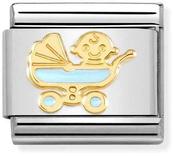Nomination Yellow Gold and Blue Enamel Baby in a Pram Charm image
