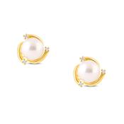 Pearl &amp; Diamond Yellow Gold Swirl Stud Earrings image
